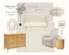 a baby's room with furniture and accessories including a crib, chair, lamp, mirror, dresser