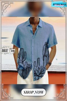 Men's Linen Shirt Summer Shirt Beach Shirt Turndown Summer Short Sleeve White Pink Blue Cactus Casual Daily Clothing Apparel Print Casual Printed Hawaiian Shirt With Relaxed Fit, Relaxed Fit Shirt With Pockets For Beach Season, Cotton Tops With Pockets For Beach Season, Relaxed Fit Top With Pockets For Beach Season, Casual Hawaiian Shirt With Pockets And Camp Collar, Casual Hawaiian Shirt With Camp Collar, Casual Blue Hawaiian Shirt For Spring, Casual Printed Button-up Shirt, Blue Vacation Tops With Casual Collar