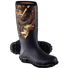 a pair of black rubber boots with camouflage print