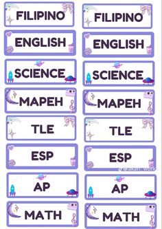 a set of four purple and white labels with the words, english, science, mape