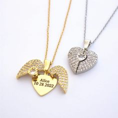 When you open the  necklace at hand and message comes out. When you close the  necklace it will become a trendy and shiny sunflower. The engraved letter necklaces makes the perfect gift for that lovers in your life!  【Meaningful Necklace Gift】Expressing love for a friend, lover, mom, mother, sister, wife, grandma etc.Commemorate a special moment in the life of a loved one with this customized ID necklace 【Love Necklace】Customize it as couple necklace, friendship articles, family sister brothers necklace. Fit days like birthday/anniversary/Christmas/wedding/new year/vacation/party. Metal: Gold Plated, Silver Plated with Stainless steel.  Locket charm Size:  Openable Heart Necklace:16cm * 16cm;Wings Name Necklace:20cm * 20cm Necklace Length: 18"(1"=2.54cm=25.4mm,1cm = 0.39 inch). Please leav Wing-shaped Necklace For Valentine's Day Gift, Personalized Wing-inspired Jewelry Gift, Personalized Wing-shaped Necklaces For Gifts, Personalized Wing-shaped Necklace For Gift, Heart-shaped Angel Wings Jewelry Gift, Angel Wings Heart Pendant Jewelry For Gifts, Valentine's Day Angel Wings Jewelry Gift, Friendship Articles, Necklace Friendship