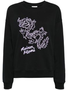 black/lilac cotton embroidered design logo print to the front crew neck drop shoulder long sleeves ribbed trim straight hem Chinese Dragon, Embroidered Design, Design Logo, Active Wear For Women, Logo Print, Drop Shoulder, Sweater Top, Lilac, Active Wear