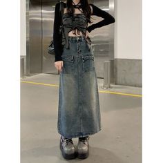 Size: XL, Color: Blue Jeans Skirt Long Outfit, Jean Long Skirt, Long Jean Skirt Outfits, 90s Emo, Denim Long Skirt, Skirts 2023, Converse Outfits, New Y2k, Bow Skirt