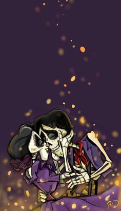 a skeleton hugging a woman in a purple dress