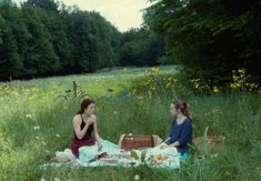 two women sitting on a blanket in the middle of a field with flowers and trees