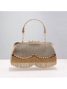 These Dazzling Diamonds banquet handbags are the perfect addition to any formal event. With elegant tassels and intricate beaded detailing, these handbags exude luxury and sophistication. Crafted with high-quality materials, they are both stylish and durable. Elevate your style and make a statement with these stunning handbags. Color : Gold Details : Beaded, Fringe Magnetic : No Closure Type : Buckle Strap Type : Chain Style : Glamorous, Minimalist Pattern Type : Plaid Bag Size : Small Type : Sq Chic Tassel Clutch Bag, Chic Clutch Bag With Tassels, Gold Luxury Evening Bag For Banquet, Luxury Gold Evening Bag For Banquet, Embellished Clutch For Banquet, Evening Bags With Rhinestone Fringe, Evening Bag With Rhinestone Fringe, Glamorous Clutch Evening Bag For Banquets, Chic Formal Bags With Fringe