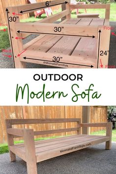 an outdoor wooden bench with measurements for the seat