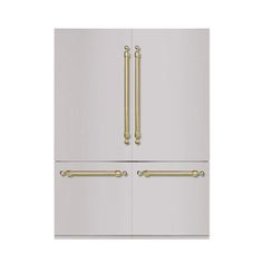 a white refrigerator freezer with gold handles