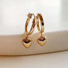 Dangle Heart Hoop Earrings - Gold Filled - Adorned by Ruth Hoop Heart Earrings, Gold Heart Dangle Earrings, Gold Hoop Earrings Aesthetic, Minimalist Accessories Jewellery, Cute Hoop Earrings, Hoop Earrings With Charm, Hoop Earrings Aesthetic, Golden Earring, Gold Heart Earrings