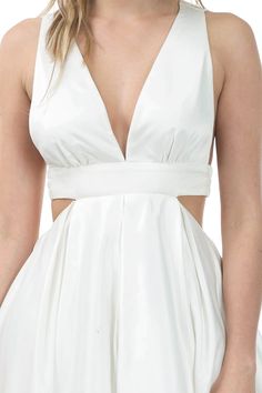 This gorgeous sleeveless cutout dress is great for semi formal, formal, and special occasions and can be wore as a beautiful but simple wedding dress. This flowy midi dress has a v neck in the front with straps from the front of the dress going down the back to the middle and is attached to an elastic band that going from left to right, Dress is very stylish with dress hook and eye with zipper in the middle back of the dress and hi low hemline. Material: 100% Polyester Neckline: V Neck Sleeve St Hi Low Dress, Simple Wedding Dress, Flowy Midi Dress, Hi Low Dresses, White Sleeveless, Simple Wedding, Wedding Dresses Simple, Cutout Dress, Semi Formal