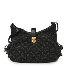 This is an authentic LOUIS VUITTON Denim Mahina XS in Black. This shoulder bag is crafted of black monogram denim fabric. It is gathered at both sides with a stylish draped effect supported with black leather trim. The bag features an adjustable leather shoulder strap and aged brass hardware. The top zipper opens to a bright saffron-yellow microfiber interior with patch pockets. Black Monogram Print Bag For Evening, Black Monogram Print Evening Bag, Elegant Black Shoulder Bag With Monogram Print, Black Monogram Print Shoulder Bag, Stylish Drapes, Louis Vuitton Denim, Aged Brass Hardware, Félicie Pochette, Saffron Yellow