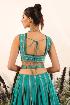 Green attached can-can lehenga featuring box pleats with floral embroidery on the hem. Paired with a padded blouse, a sheer dupatta and an embroidered belt. - Aza Fashions Wedding Sets With Unstitched Blouse And Side Open, Traditional Designer Lehenga With Side Open, Festive Unstitched Side Open Choli, Bollywood Style Side Open Lehenga, Festive Bollywood Lehenga With Side Open, Bollywood Style Side Open Wedding Set, Bollywood Style Wedding Set With Side Open, Designer Wear Side Open Lehenga, Festive Unstitched Side-open Choli