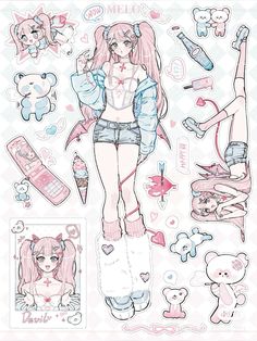 an anime character with various stickers on her body and some other things in the background