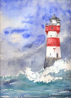 a painting of a red and white lighthouse on top of a wave in the ocean