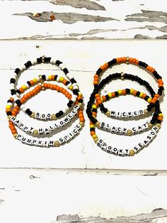 Halloween Bracelets/ Pumpkin Spice/Fall/Spooky bracelets/Wicked bracelets/Boo Bracelets/Halloween jewelry Halloween Novelty Bracelets Personalized, Halloween Novelty Black Bracelets, Black Themed Bracelet For Halloween, Novelty Personalized Halloween Bracelets, Halloween Themed Black Bracelet, Black Halloween Themed Bracelet, Spooky Adjustable Bracelets For Halloween, Halloween Novelty Orange Bracelets, Novelty Orange Bracelets For Halloween