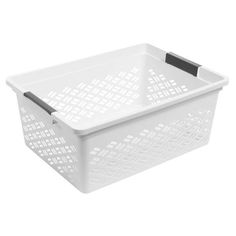 a white plastic laundry basket with handles on the bottom and sides, in front of a white background