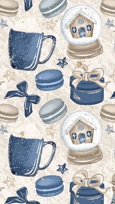 a blue and white wallpaper with cups, saucers, and other items on it