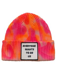 Customized rib knit beanie by Asta Razma. Hand painted all over in shades of orange and pink. Patch at front reads: "Everyone Wants to be Us" One Size Casual Pink Beanie One Size, Casual Pink Beanie, Pink Casual Beanie For Fall, Casual Pink Beanie For Fall, Pink Casual Beanie Cap, Trendy Multicolor One Size Beanie, Trendy Pink Cotton Beanie, Casual Pink Beanie For Spring, Casual Pink One-size Beanie