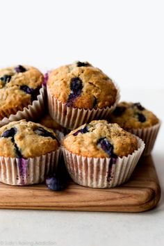 blueberry muffins stacked on top of each other