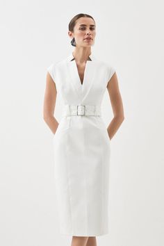 Corporate Office Wear For Ladies, Business Professional Dresses, Wardrobe Window, White Pencil Dress, Karen Millen Dress, Feb 25, High Low Midi Dress, Knit Skater Dress, Paris Chic