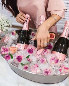 two pictures one is champagne and the other has flowers in ice with straws on them