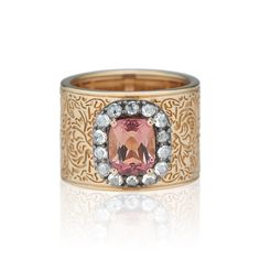 Emily's Garden One-of-a-Kind Arbor Wide Cigar Band in 14k Yellow Gold with Faceted Cushion Pink Tourmaline (1.62 ct) and Pavé White Rose-Cut Diamonds (0.28 ct) Set in Black Rhodium This ring is made to order. Lead time is approximately 4 weeks. Known for its historical reinterpretations, Larkspur & Hawk is pleased to introduce Illustrated, a new capsule collection inspired by a collaborative wallpaper design entitled Emily's Garden. The collection celebrates the many ways in which founder ... Luxury Pink Gold Morganite Jewelry, Luxury Tourmaline Rings, Luxury Wide Band Jewelry With Decorative Band, Luxury Tourmaline Rings With Rose Cut Diamonds, Luxury Jewelry With Rose Cut Diamonds And Pink Sapphire, Luxury Gold Morganite Jewelry, Luxury Pink Gold Ring With Pink Sapphire, Luxury Pink Tourmaline Rings, Elegant Wide Band Jewelry With Rose Cut Diamonds