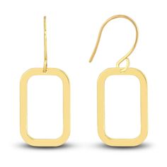 Striking open rectangles are polished to a high shine in these timeless women's earrings. Fashioned in 14K yellow gold, the earrings secure in place with euro wire backs. Classic Gold Earrings With Rectangular Stone, Classic Gold Rectangular Earrings, Yellow Gold Oblong Earrings, Minimalist Oblong Earrings For Formal Occasions, Formal Minimalist Oblong Earrings, Gold Earrings With Rectangular Stone For Formal Occasions, Minimalist 14k Gold Rectangular Earrings, Modern 14k Gold Rectangular Earrings, Elegant 14k Gold Rectangular Link Earrings