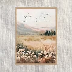 a painting of flowers and birds flying in the sky over a field with mountains behind it