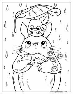 a coloring page with an image of a cartoon character holding a baby animal in the rain