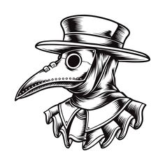 a black and white drawing of a plague bird wearing a top hat with a scarf around it's neck