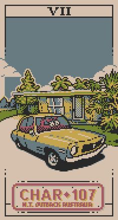 a cross stitch pattern with a yellow car parked in front of a house