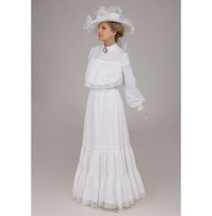 The luxurious and extravagant style of the Edwardian era can be found in this white batiste dress. This dazzling dress has a high lace covered collar that tops a white lace trimmed yoke. Long sleeves have lace cap, lace trim, and buttoned cuff. The graceful skirt has tiers trimmed in white lace. A matching cotton belt closes with buttons. Choose blue, pink or white below. The dress has a back button closure and elasticized waist. White batiste is 100% cotton. Proudly made in the US by Recollecti White Victorian Dress For Spring, Elegant White Victorian Dress For Spring, White Victorian Dress For Spring Formal, Fitted White Victorian Dress, Classic Victorian Wedding Dress With Fitted Bodice, White Regency Style Petticoat With Ruffles, Elegant Historical Lace Dresses, Elegant Lace Dresses With Historical Design, Elegant White Spring Petticoat