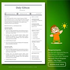 a green and white resume template with a cartoon character on the front, and an image of