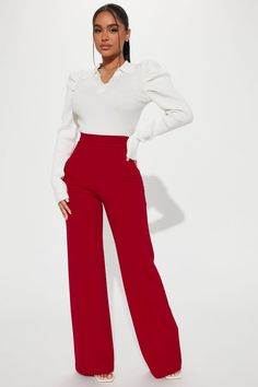 Red Formal Outfits Women, High Waisted Red Pants, Red Outfit Women Casual, Red Pants Work Outfits Women, Outfit Ideas With Red Pants, Red Top Black Pants Outfit, Graduation Pants Outfit, Outfit With Red Shirt, Red Slacks Outfit