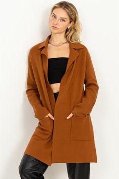 Brave the elements in sartorial splendor with this chic duster cardi! It features a collared neckline, long sleeves, and an open-front design - perfect for the casual and workday look. 50% Viscose / 28% Nylon / 22% PBT Chic Fall Cardigan With Lapel Collar, Collared Single Breasted Cardigan For Fall, Fall Single Breasted Collared Cardigan, Fall Collared Single Breasted Cardigan, Fall Single-breasted Collared Cardigan, Solid Single Breasted Cardigan For Fall, Elegant Collared Cardigan For Layering, Fall Solid Color Single Breasted Cardigan, Collared Sweater Coat For Fall Workwear