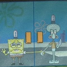 an image of spongebob crossing the street with another character on his cell phone