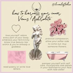 a poster with pink roses and an angel statue next to a bathtub filled with flowers