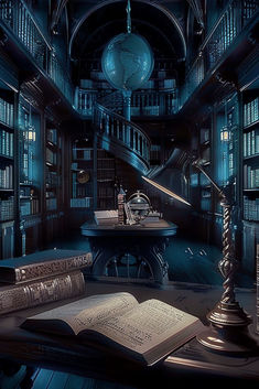 an old library with books and a desk in the middle is illuminated by a large clock