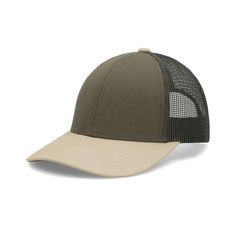 the trucker cap in khaki and white is shown with mesh on the front