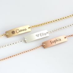 "This bar is the perfect personalized baby bracelet that can be engraved on both sides with names, words, dates, short phrases and more. Engraved and hand assembled with care and love, it comes in 14k gold fill, rose gold fill, or sterling silver. The perfect gift for your little one! HOW - TO - ORDER - & - PERSONALIZE 1. Select your options from the drop down menu see photo for font styles and symbol options 2. Add to cart (repeat for multiple items) 3. Go to checkout and leave personalizat Personalized Name Bracelet In Rose Gold, Customizable Rose Gold Bracelet For Personalized Gifts, Personalized Rose Gold Nameplate Bracelets, Personalized Name Bracelet - Gift For Mom, Personalized Rose Gold Bracelets As A Gift, Personalized Adjustable Name Bracelet For Mom, Dainty Personalized Name Bracelet With Adjustable Fit, Dainty Customizable Nameplate Bracelets, Personalized Rose Gold Sterling Silver Name Bracelet