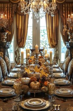 a dining room table set with plates and candles