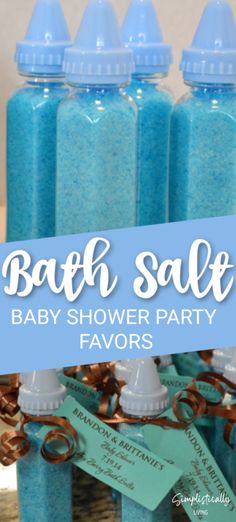 blue baby shower party favors with the words bath salt on them and tags in front