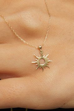 "High quality sun necklace for everyday wearing. 14k Solid Gold Sun Necklace, Crown Necklace for Women, Bestfriend Necklace Gift, Gold Sun Necklace, Gold Sun Pendant *60 Day Return Policy We are committed to your satisfaction. Engraved or non-engraved; if you are not happy with your choice, return it in original condition within 60 days. ITEM DETAILS Material: Sun Necklace is 14K Solid GOLD (not filled or plated).  * Gold Necklace Chain Length: 18\" inch (45cm)  * Chain Width: 0,65mm * Finish: 1 Dainty Round Jewelry With Sun Design, 14k Yellow Gold Sun Design Jewelry, 14k Yellow Gold Jewelry With Sun Design, Everyday Yellow Gold Jewelry With Sun Design, Everyday Yellow Gold Sun Design Jewelry, Sun And Moon Design Sunburst Jewelry Gift, 14k Gold Sun Design Jewelry Gift, Sun-shaped Jewelry With Sun And Moon Design For Gift, Sterling Silver Jewelry With Sun Design In Yellow Gold