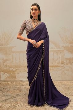 Purple saree with multicolor thread, pearl, cutdana embroidered border. Paired with petticoat and sequin, bead, embroidered padded blouse. - Aza Fashions Purple Sari, Red Sari, Ridhi Mehra, Net Embroidery, Purple Saree, Border Saree, Embroidered Crop Tops, Beaded Neckline, Purple Blouse