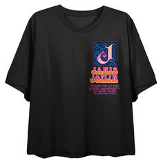 Rock out with this women's officially licensed Janis Joplin crop tee! The front features Janis' iconic J logo, while the back showcases vibrantly colored poster art of the music legend herself. The short-sleeved crew neck top comes in classic black, and the cropped length adds a modern, on-trend twist. Made of 100% cotton, it's not only stylish but also comfortable. Perfect for any Janis Joplin fan, this crop tee is machine washable and built to last. Wear it to your next concert or music festiv Graphic Cropped T-shirt With Crew Neck For Streetwear, Graphic Crew Neck Cropped T-shirt For Streetwear, Crew Neck Graphic Cropped T-shirt For Streetwear, Summer Band Merch Cropped T-shirt With Graphic Print, Black Cropped Graphic Tee With Screen Print, Black Cropped T-shirt With Graphic Print For Streetwear, Graphic Crew Neck Cropped T-shirt, Relaxed Fit Graphic Top For Music Festivals, Cropped Graphic Tee With Crew Neck