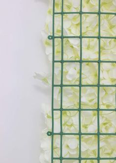 white flowers are growing on the side of a green wire mesh fence that is attached to a wall