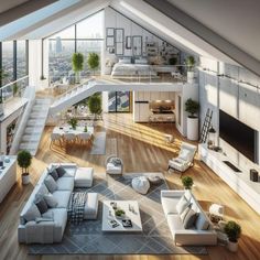 an aerial view of a living room and dining area in a loft with high ceilings