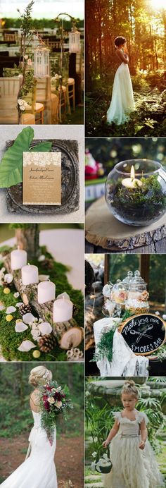 a collage of photos with flowers, candles and wedding gowns in the woods