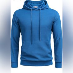 New With Tags Casual Blue Sweater With Pockets, Blue Fleece Sweater With Ribbed Cuffs, Blue Long Sleeve Sweatshirt With Pockets, Blue Long Sleeve Hoodie, Blue Spring Sweatshirt, Blue Fleece Hoodie With Ribbed Cuffs, Casual Blue Sweatshirt With Kangaroo Pocket, Blue Hooded Sweater With Drawstring, Blue Hoodie For Winter