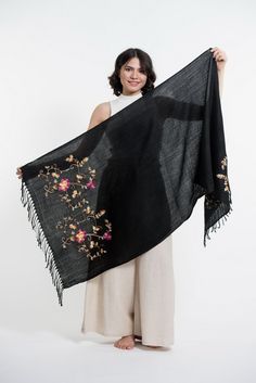 Nepal handmade soft pashmina shawl scarf with intricate floral embroidery.70% Cashmere 30% Silk size: 28" x 70" Shawl Embroidery Design Indian, Scarf Embroidery Design, Embroidery Scarf Design, Scarf Embroidery Ideas, Embroidery On Scarf, Shawl Embroidery Design, Shawl Embroidery, Scarf Embroidery, Embroidery Shawl